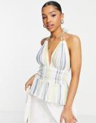 Asos Design Halter Sun Top With Shirred Waist In Stripe-multi
