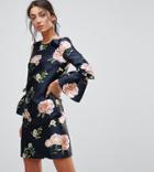 Chi Chi London Tall Satin Shift Dress In Floral Print With Voluminous Sleeve-multi