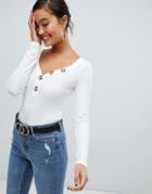 Miss Selfridge Long Sleeved Top With Horn Buttons In White - White
