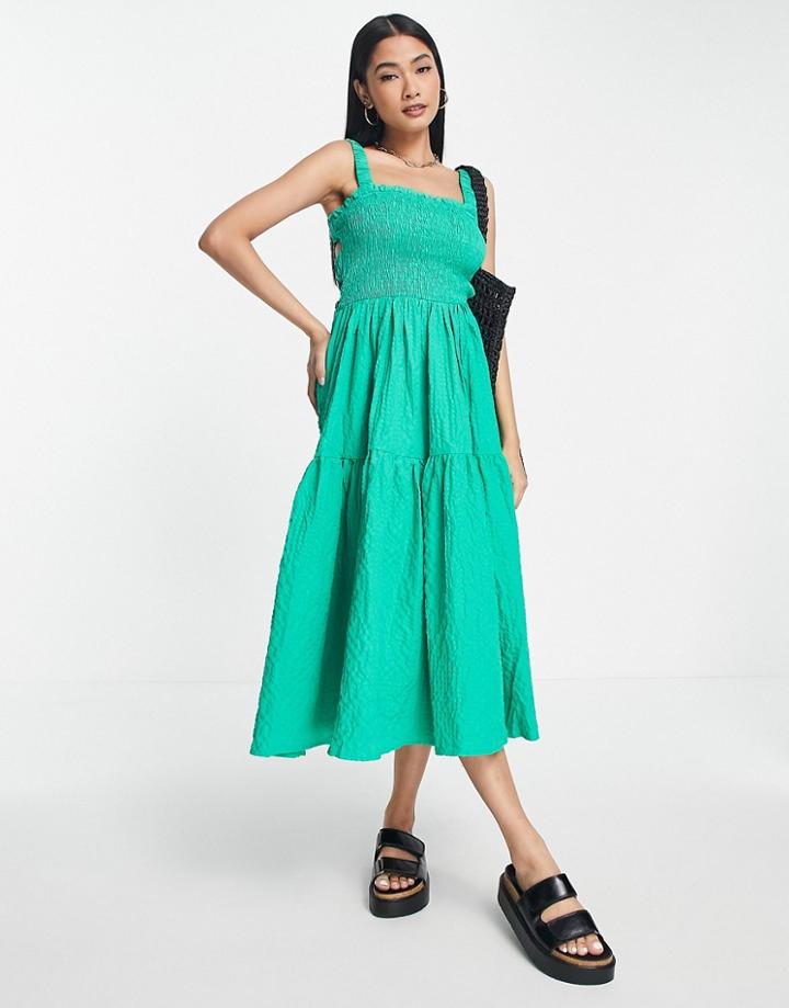 Vero Moda Shirred Tiered Midi Dress In Green