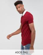 Asos Tall Longline Muscle Rugby Polo Shirt In Red With Curved Hem - Red