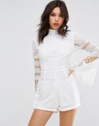 Prettylittlething High Neck Lace Playsuit - White