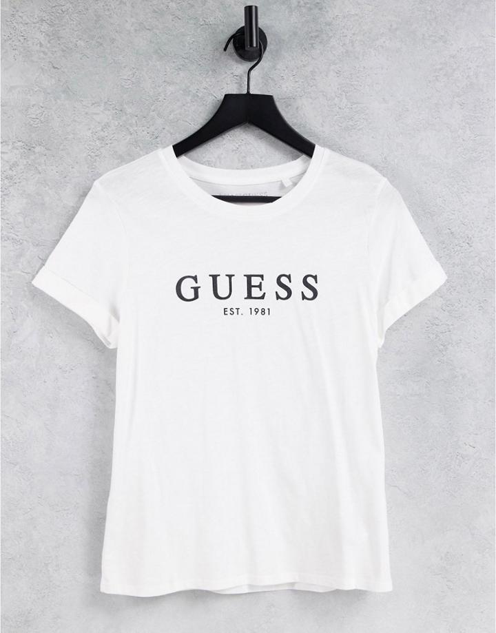 Guess Cuffed Short Sleeve Logo T-shirt In White