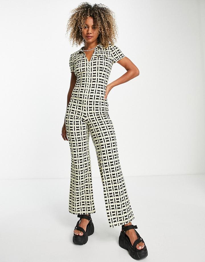 Asos Design Collar Zip Front 70s Rib Jumpsuit In Geo Print-multi
