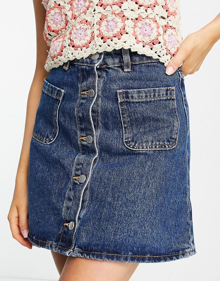 Monki Button Through Mini Skirt With Front Pockets In Mid Wash Denim-blue