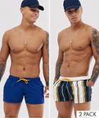Asos Design 2 Pack Swim Shorts In Stripes & Navy In Short Length Save-multi