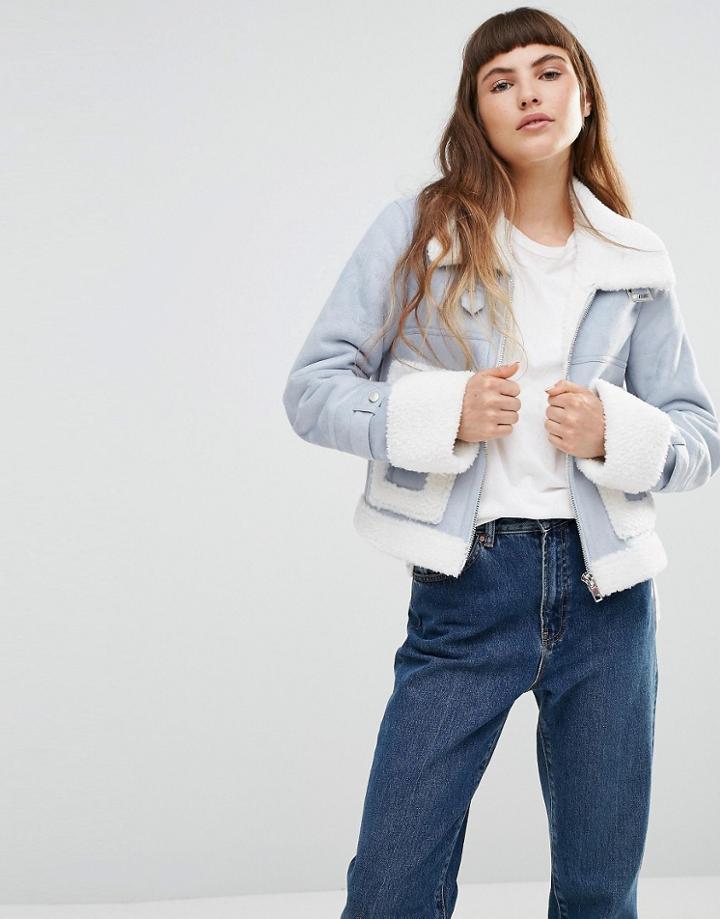 Urbancode Faux Shearling Aviator Jacket With Oversize Pockets - Blue