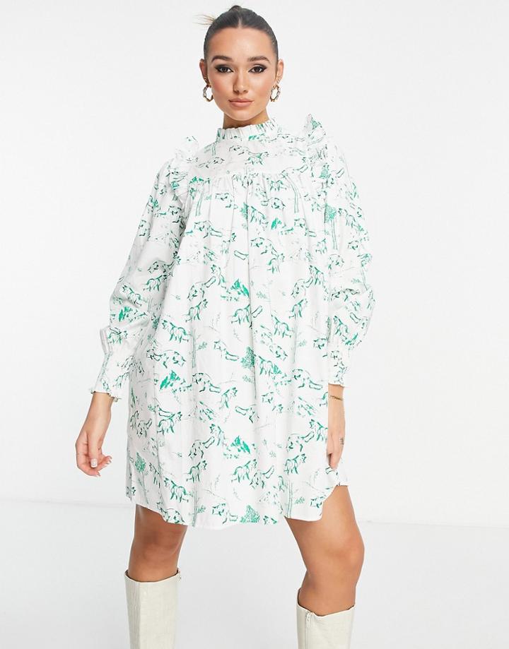 Envii Long Sleeve Mini Smock Dress With Frill Detail In Fox Print-green