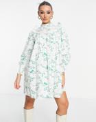 Envii Long Sleeve Mini Smock Dress With Frill Detail In Fox Print-green
