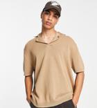 Asos Design Midweight Knitted Notch Neck Polo Shirt In Brown