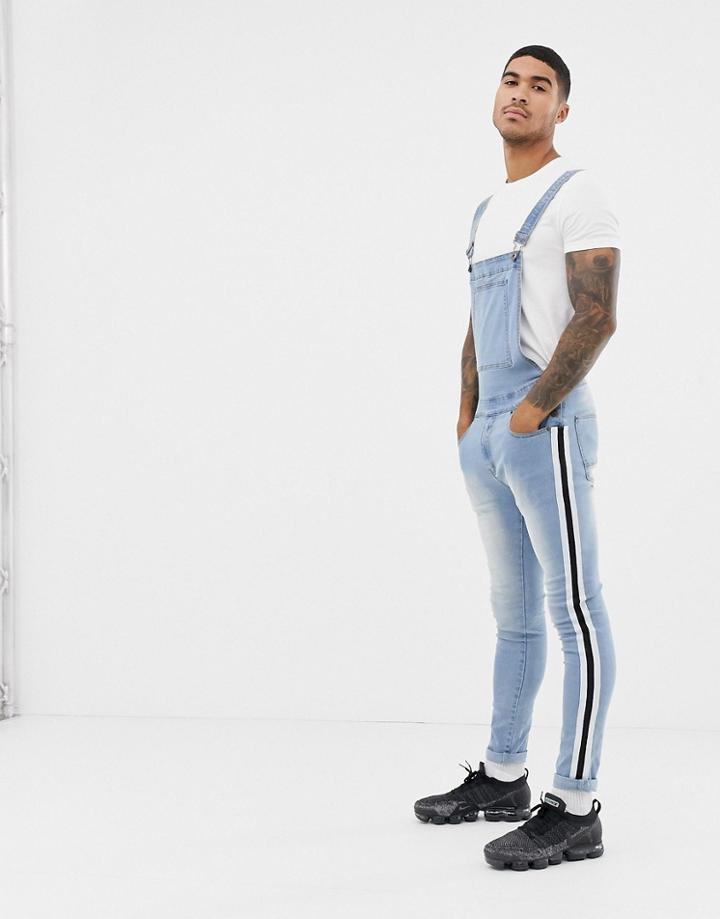 Liquor N Poker Overalls With Side Taping In Stonewash - Blue