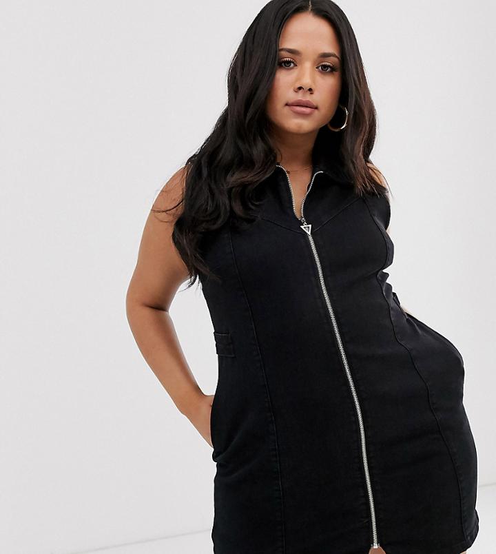 Simply Be Sleeveless Denim Dress With Belt In Black - Green