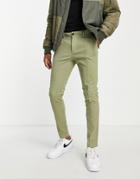 Asos Design Skinny Chinos With Pin Tuck In Light Khaki-green