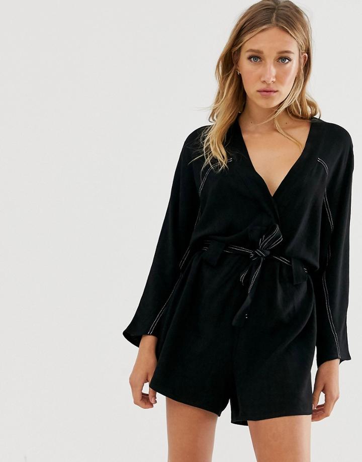 Asos Design Casual Slouchy Tie Waist Romper With Contrast Stitching - Black