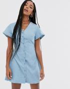Daisy Street Button Through Skater Dress With Tie Waist In Fine Cord - Blue