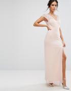 Elise Ryan Maxi Dress With Eyelash Lace Sleeve And V Back - Pink