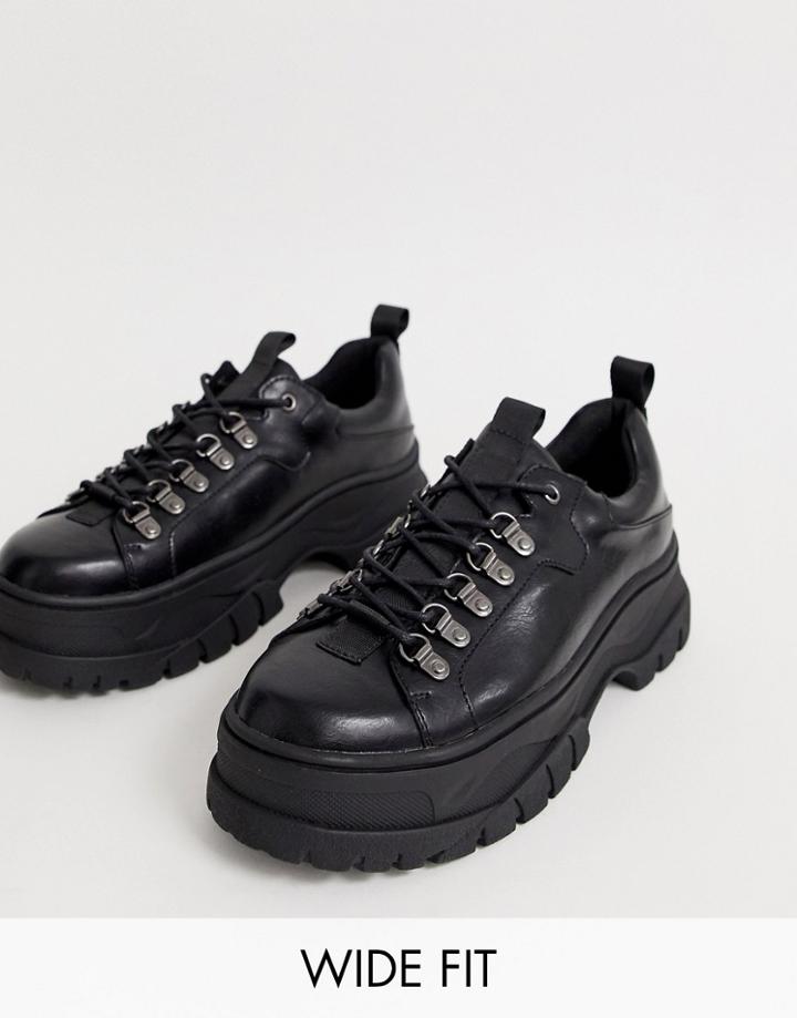 Asos Design Wide Fit Sneaker Shoes In Black Faux Leather With Chunky Sole