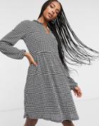 Only Mini Smock Dress With V Neck In Mono Houndstooth Print-multi