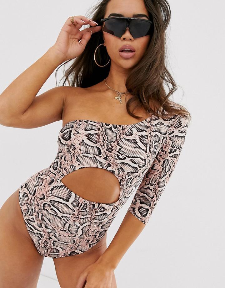 Asos Design Cut Out Long Sleeve One Shoulder Swimsuit In Dusky Mink Snake - Multi