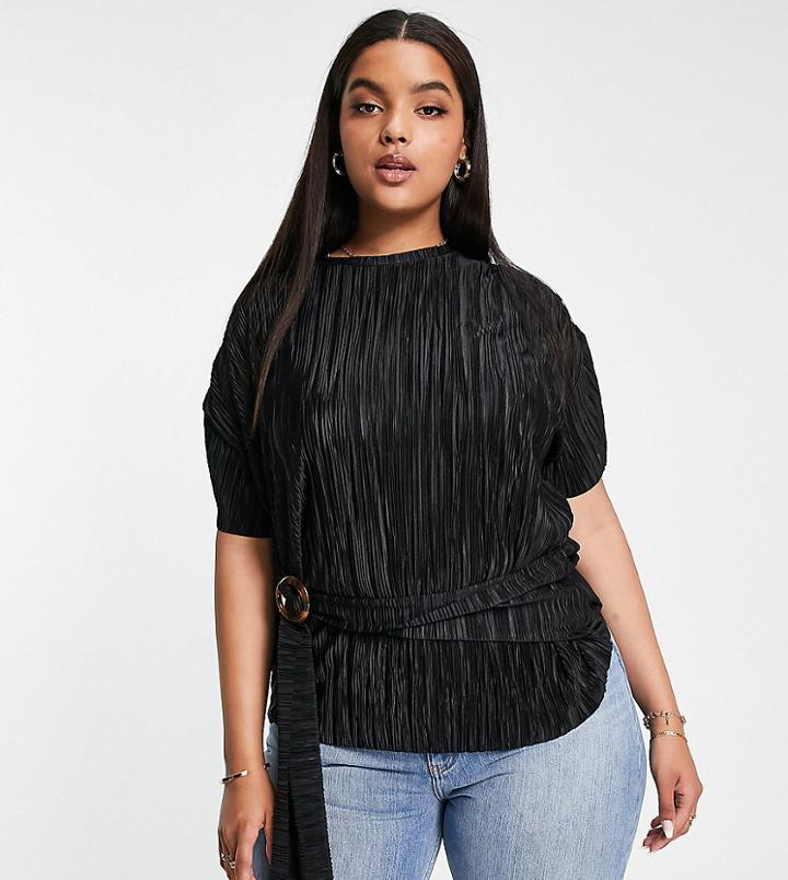 River Island Plus Plisse Buckle Detail Top In Black