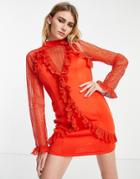 Asos Design Long Sleeve Ruffle Broderie Trim Mini Dress In Red
