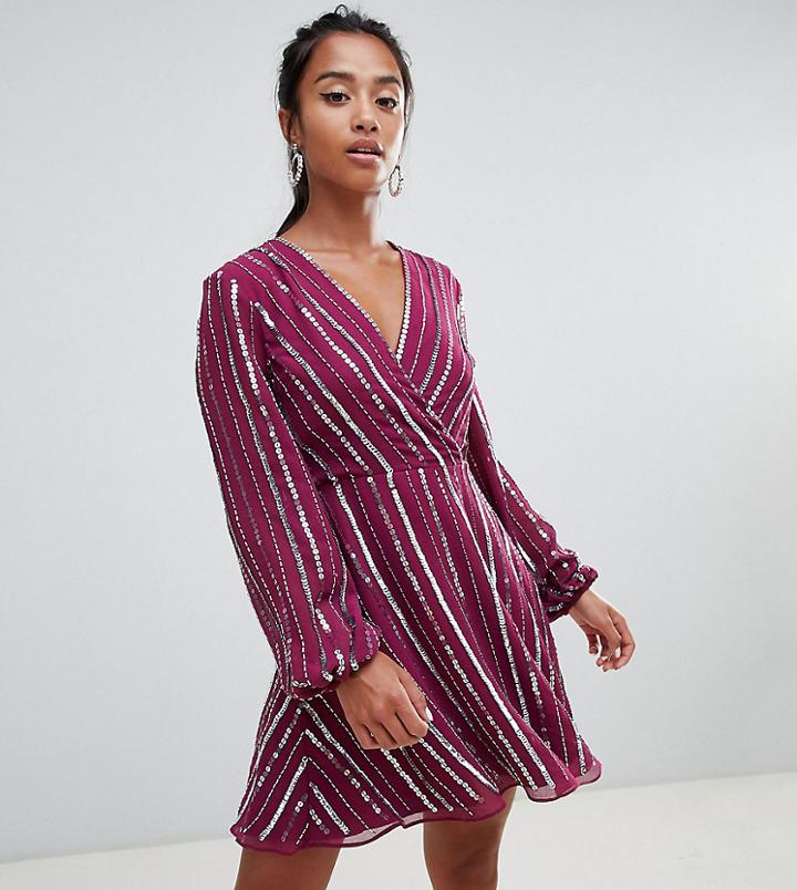 Asos Design Petite Exclusive Sequin Wrap Dress With 70's Sleeve - Multi