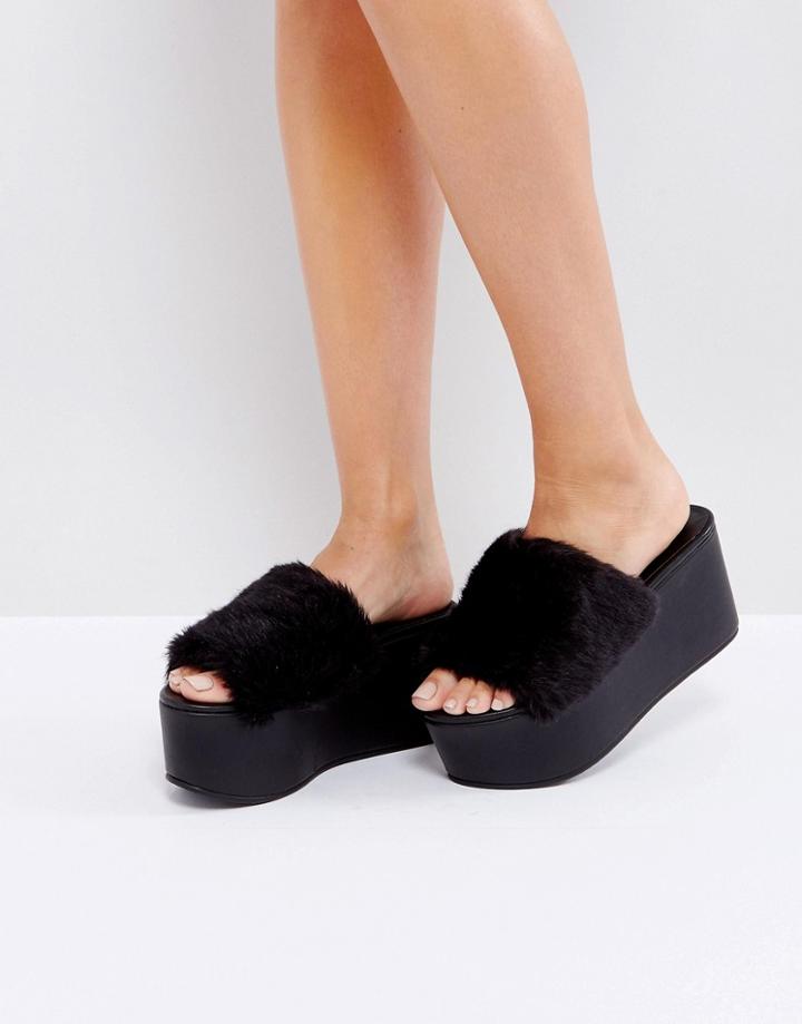 New Look Faux Fur Platform Sliders - Black