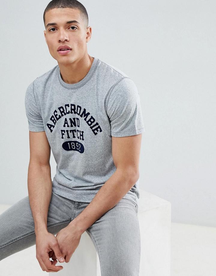 Abercrombie & Fitch Varsity Flock Print Logo Crew Neck T-shirt In Gray Marl - Gray