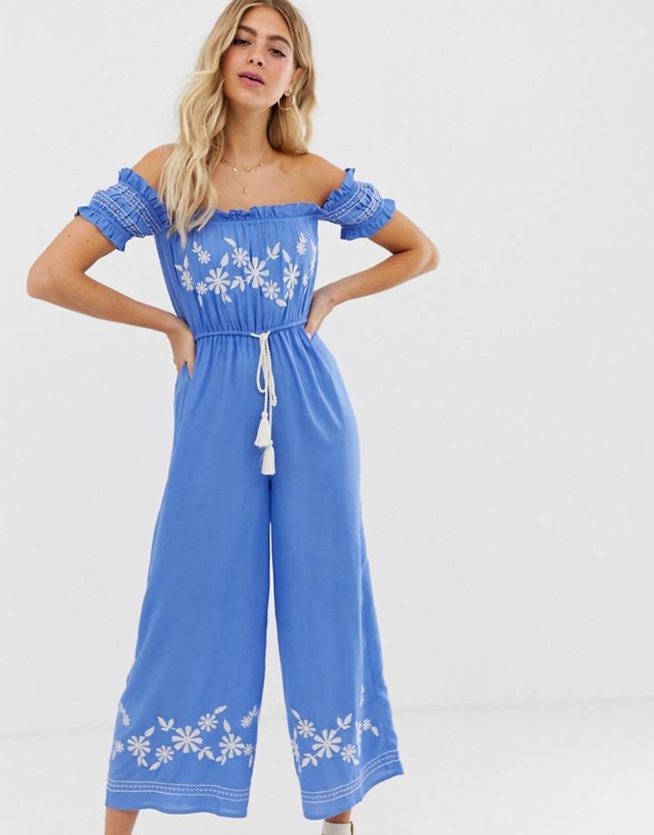 Asos Design Off Shoulder Embroidery Jumpsuit-orange