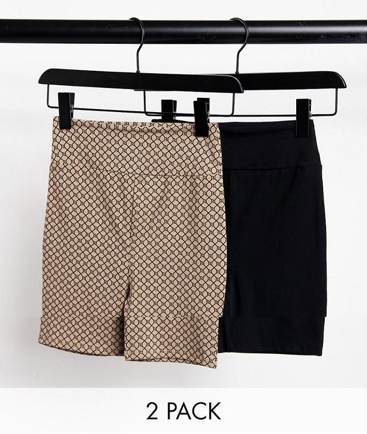 River Island 2 Pack Legging Shorts In Black And Monogram-multi