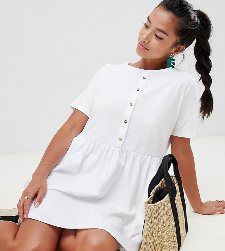 Asos Design Petite Mini Smock Dress With Pockets And Button Front - White