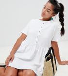 Asos Design Petite Mini Smock Dress With Pockets And Button Front - White
