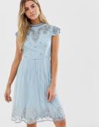 Frock And Frill High Neck Mini Dress With Allover Embellishment In Soft Blue - Blue