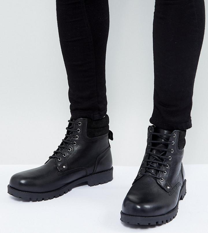 Asos Wide Fit Lace Up Worker Boots In Black Leather - Black