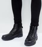 Asos Wide Fit Lace Up Worker Boots In Black Leather - Black