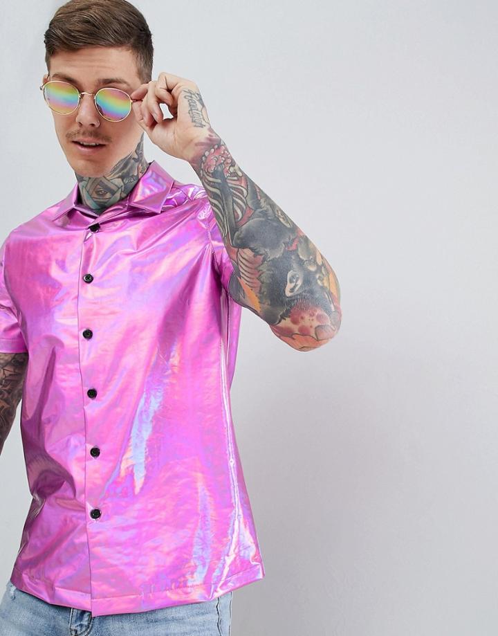 Asos Design Festival Oversized Metallic Revere Collar Shirt In Pink - Pink