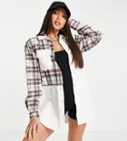 Missguided Tall Denim Shirt In White Color Block Check