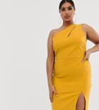 Vesper Plus One Shoulder Midi Pencil Dress In Stretch With Split In Golden Yellow