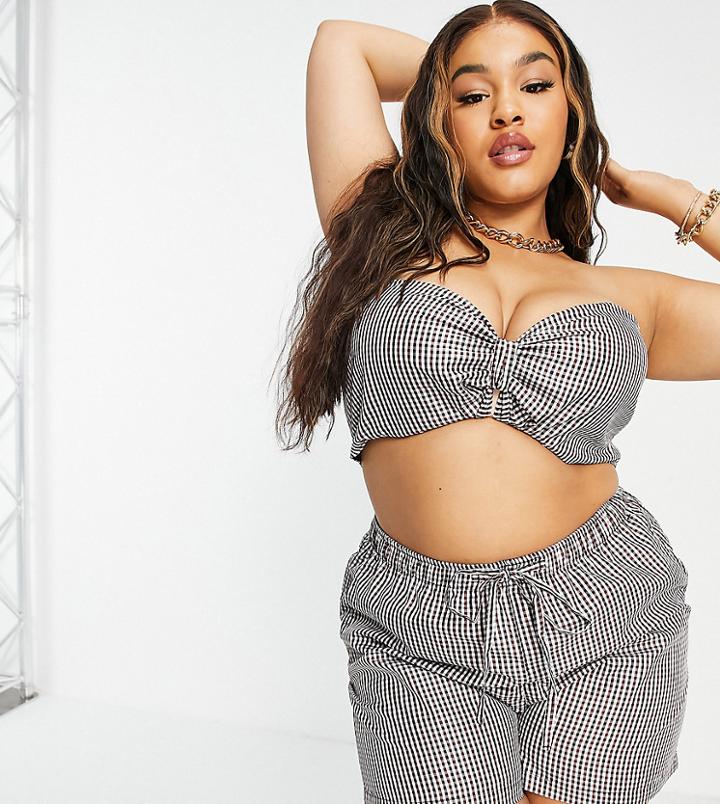 Asos Design Curve Coordinating Bandeau Top In Brown Gingham