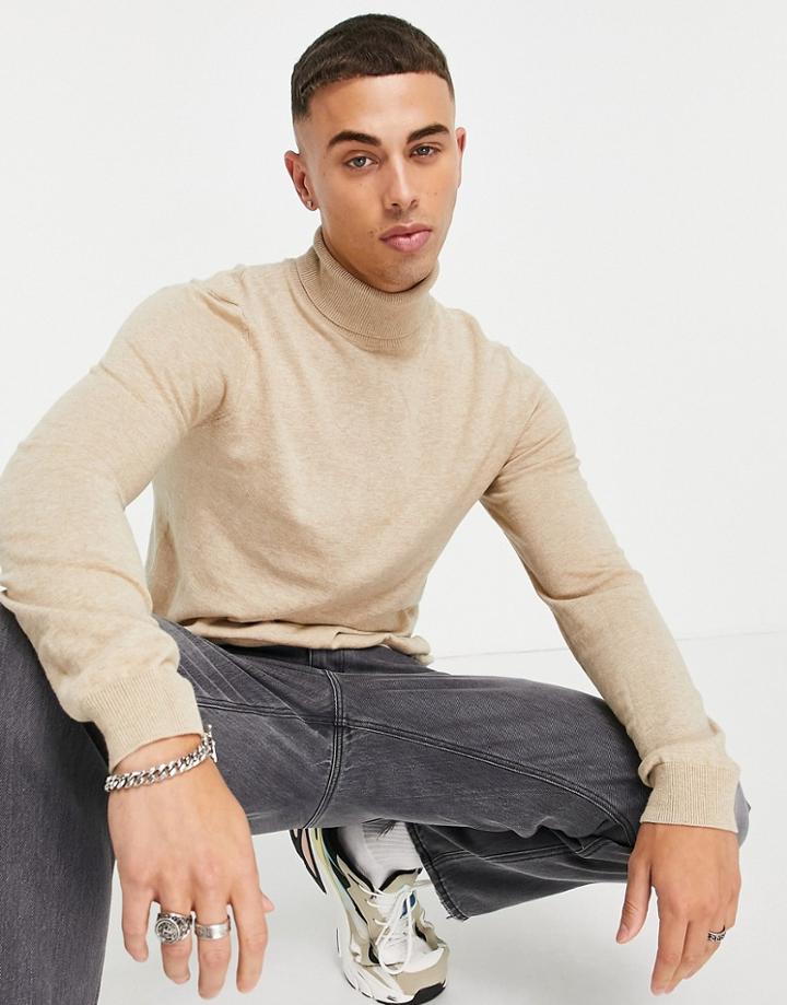 Topman Knit Turtle Neck Sweater In Stone Heather-neutral