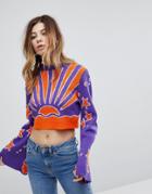 Rokoko Flare Sleeve Cropped Sweater With Sunshine Motif - Purple