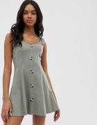 Asos Design Mini Button Through Slub Sundress With Tie Shoulders - Green
