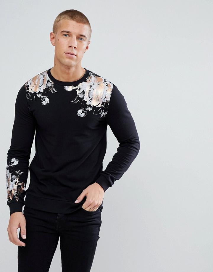 Asos Muscle Sweatshirt With Rose Foil Print - Black