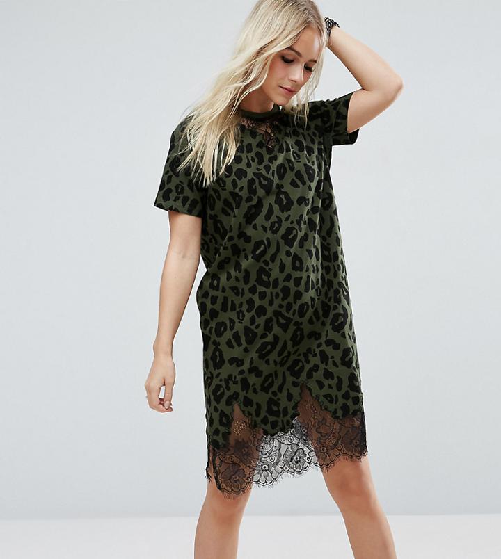 Asos Petite T-shirt Dress With Lace Inserts In Leopard Print - Green