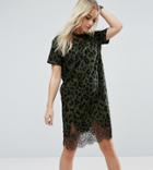 Asos Petite T-shirt Dress With Lace Inserts In Leopard Print - Green