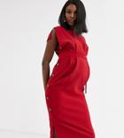 Asos Design Maternity Cap Sleeve Split Sleeve Midi Dress With Button Skirt-red