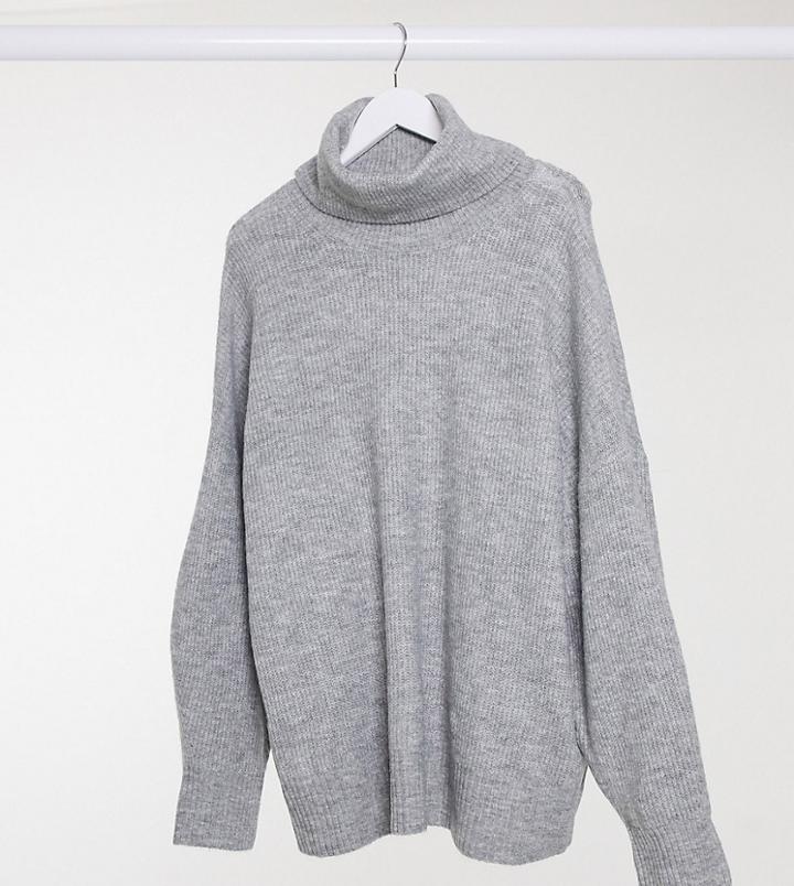 New Look Curve Longline Volume Sleeve Slouchy Roll-neck Sweater In Gray-grey