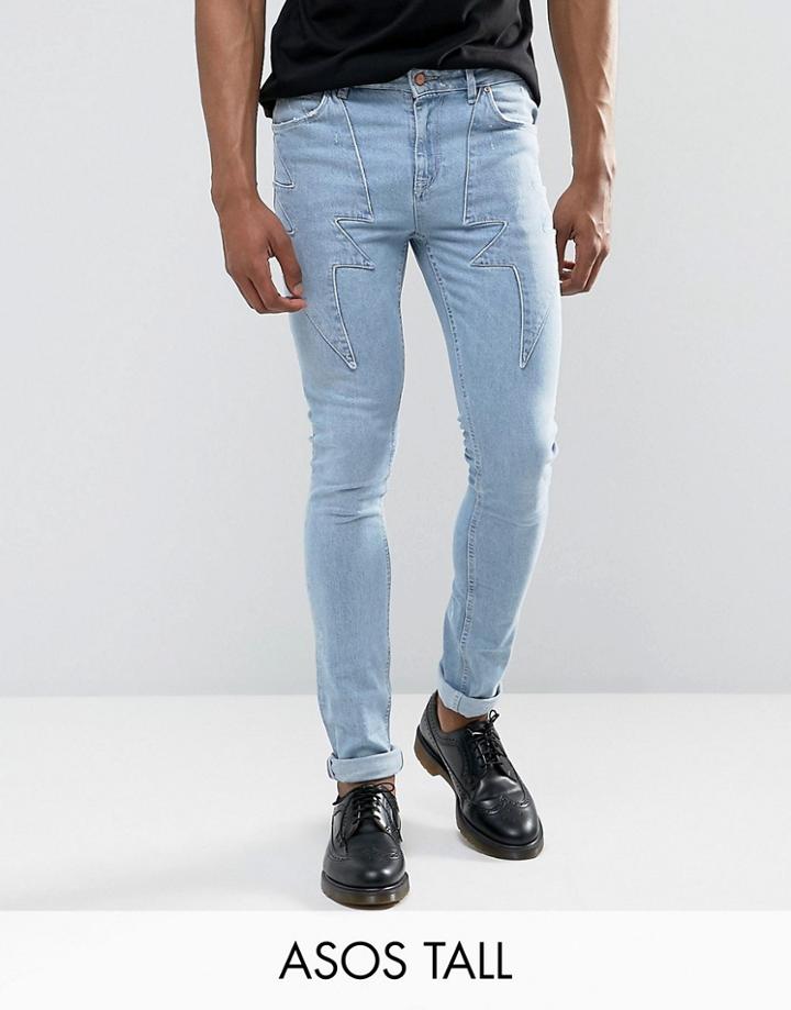 Asos Tall Super Skinny Jeans In Light Wash Blue With Lightning Bolt Detail - Blue