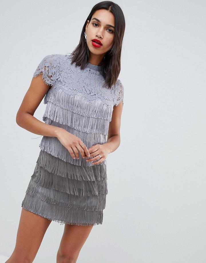 Oasis Shift Dress With Fringe Detail In Gray - Gray