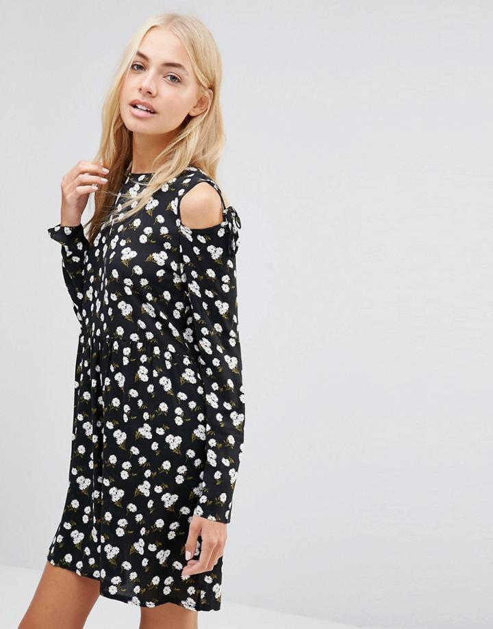 Daisy Street Skater Dress With Cold Shoulder In Daisy Print - Black